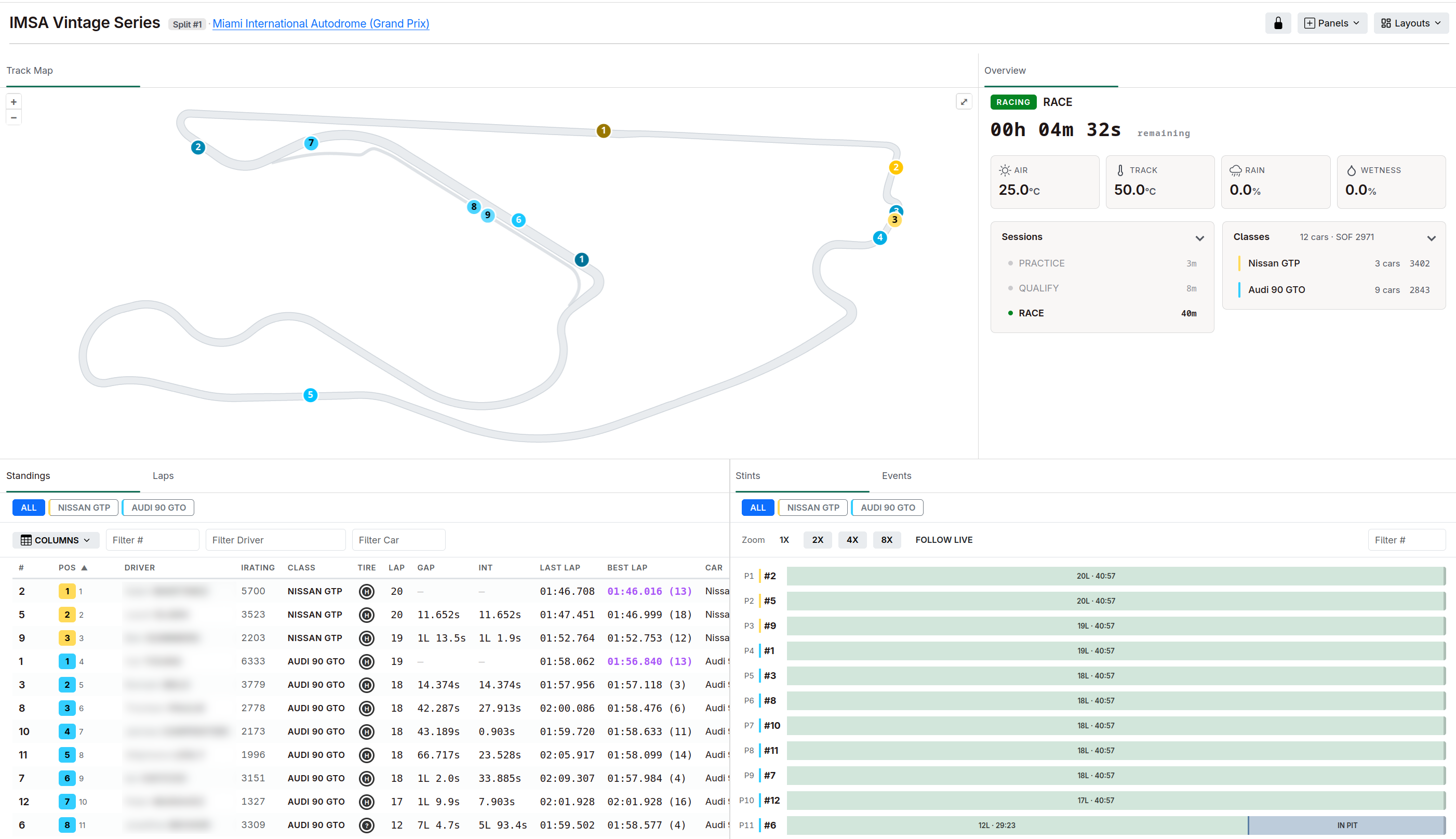 Garage 61 Live Timing dashboard showing track map, overview, standings, and stints